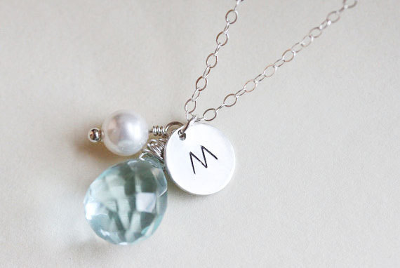 زفاف - Personalized Aquamarine  Necklace - Aquamarine Necklace - Initial Necklace - March Birthstone - Sterling Silver - Bridal Jewelry