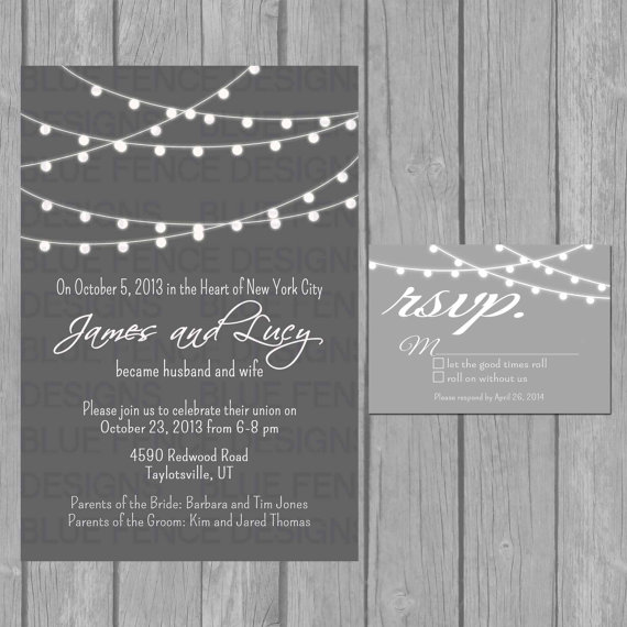 Свадьба - simple wedding invitation, modern, black and white, strings of lights, engagement party invite, reception only invite