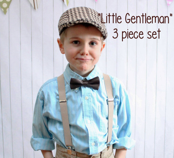 Mariage - Boy's Vintage Wedding 3 Piece set - Brown Tweed Newsboy Hat plus suspenders and Bow Tie (your choice) Fits boys 3-7 years old