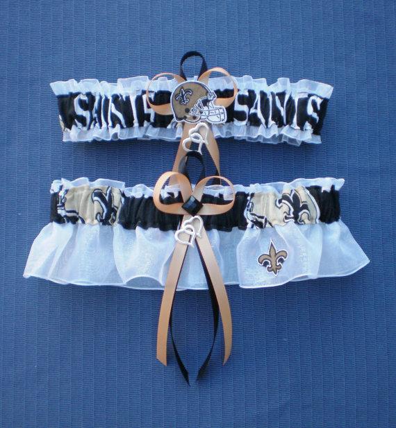 Свадьба - New Orleans Saints Fabric Wedding Garter Set Football Double Heart Charm Sport