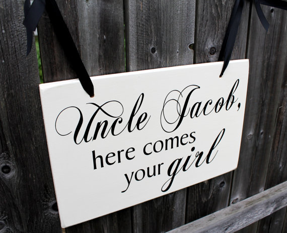 زفاف - 10" x 16" Wooden Wedding Sign:  Double Sided Uncle, here comes your girl & And they lived happily ever after