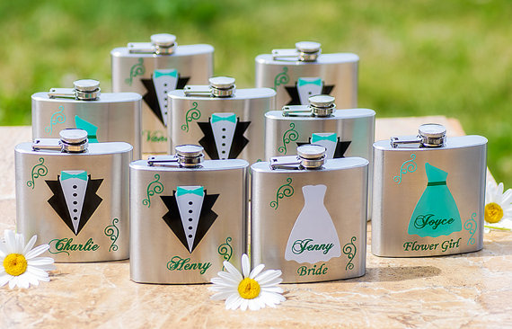Hochzeit - Groom, Groomsmen, Bridesmaid, Bride, Maid of Honor, Best Man flask, stainless steel 6 oz flasks, Green, Mint colors. Priced individually