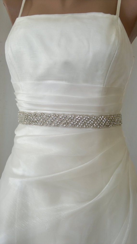 Mariage - Striped Beadwork Wedding Sash/Belt,Bridal Sash,Rhinestone Sash,Beaded Sash, Satin Wedding Sash