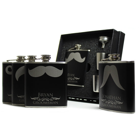 Wedding - 10, Personalized Groomsmen Gift Flask Sets, Mustache Flasks