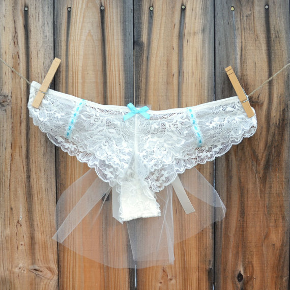 Mariage - Ivory Bridal Panty Something blue Lingerie TULLE train undies size SMALL - Ships in 24hrs