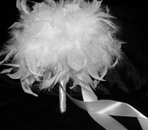 Hochzeit - Feather & Swarovski Crystal Couture Bouquet - Snow White Bridal or Bridesmaid Toss Bouquets - Custom Wedding Chandelle Feathers Colors Small