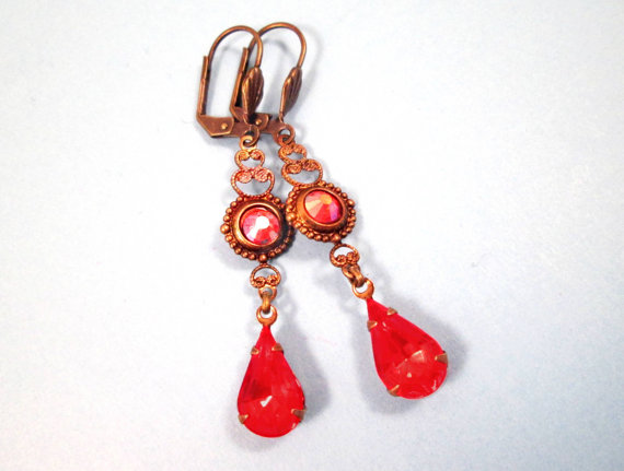 Hochzeit - Rhinestone Drop Earrings, Victorian Grace, Hyacinth Red Orange, Brass Dangle Earrings, FREE Shipping U.S.
