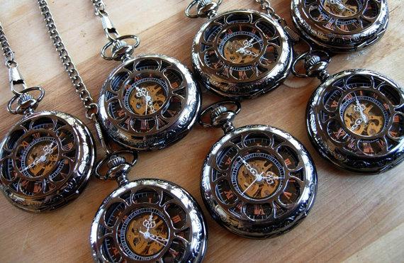 Свадьба - Set of 7 Groomsmen Gift Pocket Watch Gunmetal Black Mechanical with Chain Personalized Engravable Ships from Canada