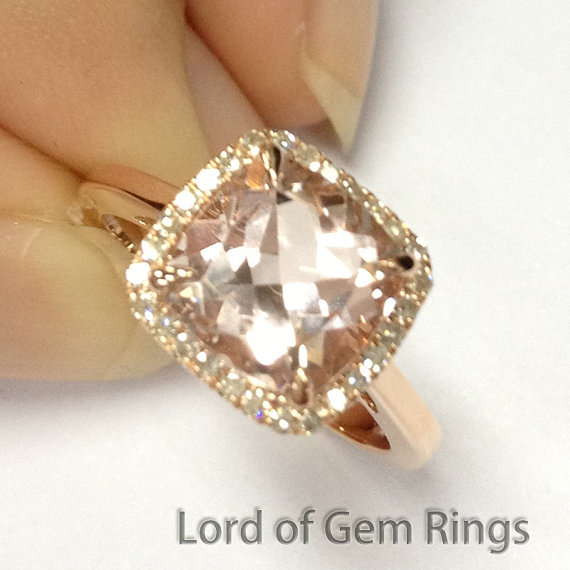 Wedding - Morganite with Diamonds Engagement Ring in 14K Rose Gold,Claw Prongs 8mm Cushion Cut Pink Morganite Halo with Diamonds Wedding Bridal Ring