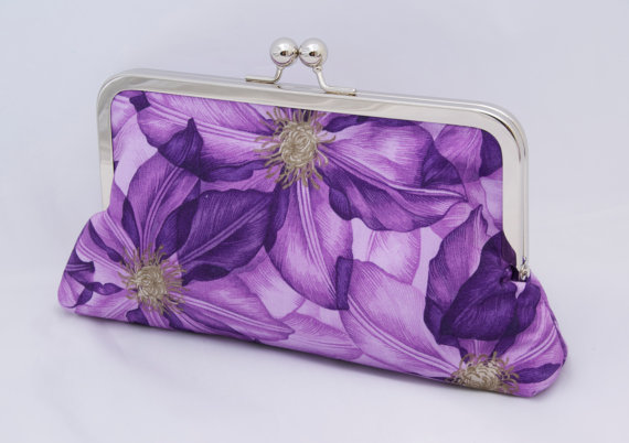 زفاف - Purple Floral Clementis Clutch Custom Handbag for Spring wedding party gift or bridal party gift Custom Made