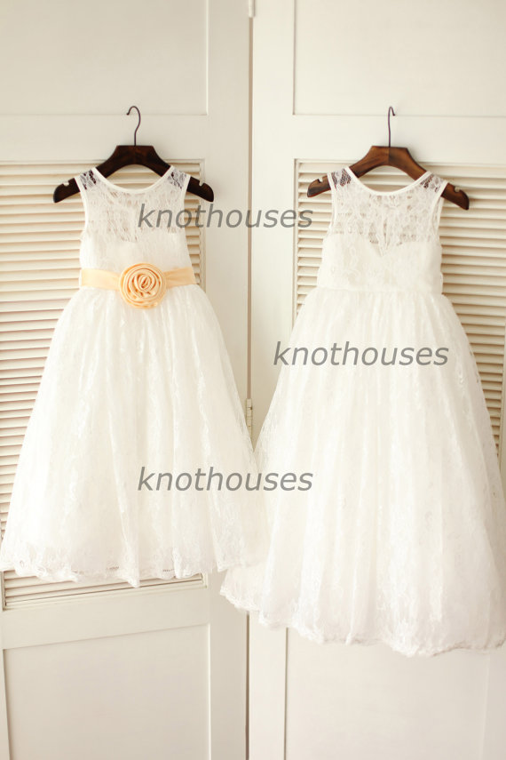 زفاف - Sweetheart Ivory Lace Tulle Flower Girl Dress/Flower Sash Children Toddler Kids Party Dress for Wedding Junior Bridesmaid Dress