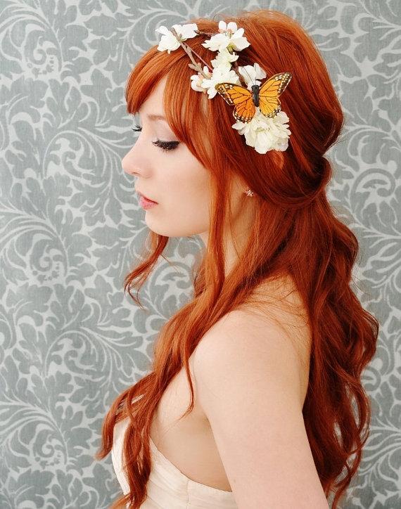 Hochzeit - Butterfly floral crown, white flower headband, whimsical wedding head piece - Flutter