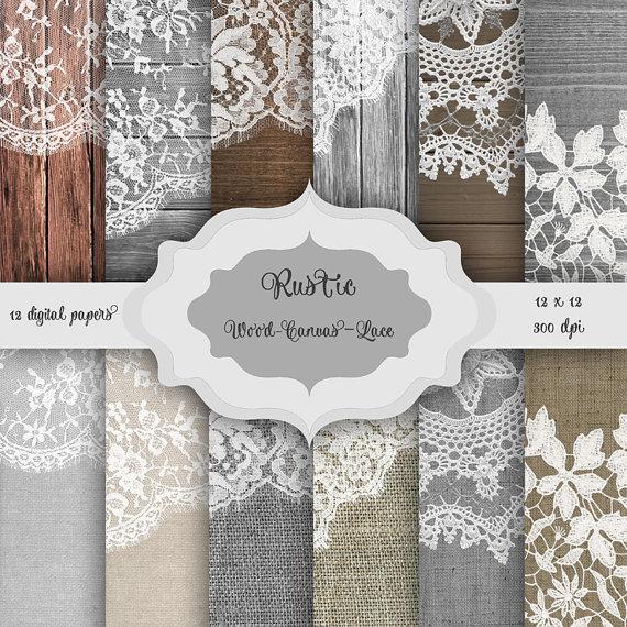 Hochzeit - Rustic Wood, Canvas & LACE Digital Paper Pack - wood, canvas and vintage lace pattern backgrounds for wedding invitations bridal shower