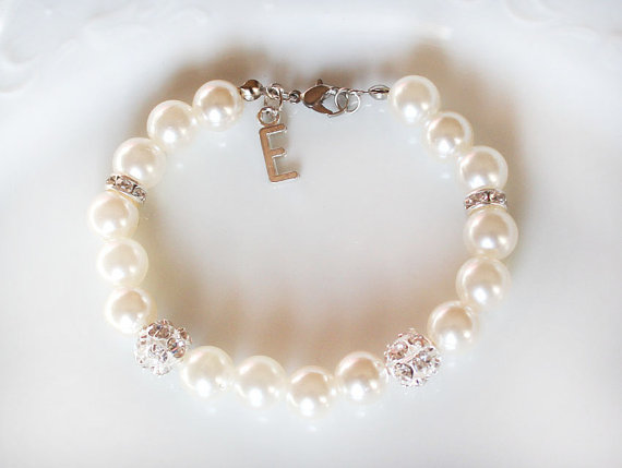 زفاف - Personalized bridesmaid bracelet bridesmaid gift bridesmaid pearl bracelet silver plated letter wedding gift rhinestones rondelles