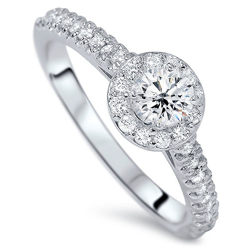 Hochzeit - 3/4CT Halo Diamond Engagement Ring Round Brilliant Cut 14 KT White Gold