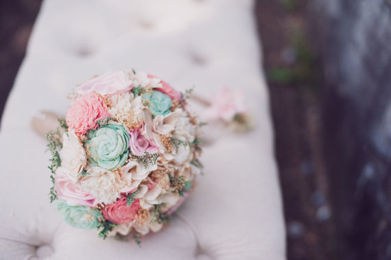 Mariage - Romantic Wedding Bouquet -Pink and Mint Collection, Keepsake Alternative Bouquet, Sola Bouquet, Rustic Wedding