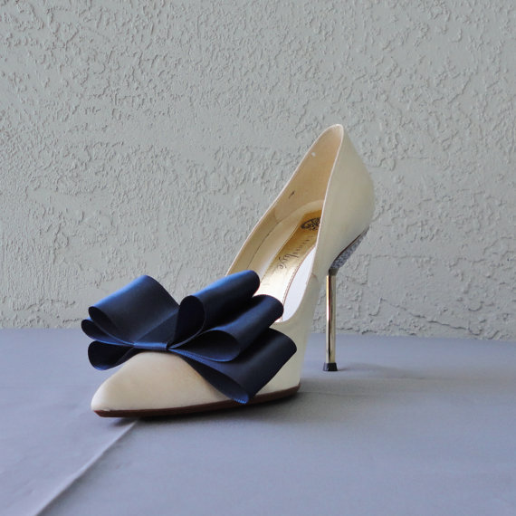 زفاف - Navy Blue Satin Ribbon Bow Shoe Clips Set Of Two, More Colors Available