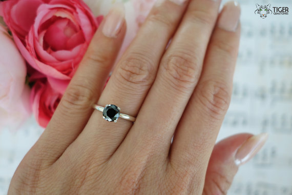 زفاف - 1 CT Solitaire Engagement Ring, 6mm Man Made Black Diamond Simulant, 4 Prong, Wedding Ring Bridal, Promise Ring, Sterling Silver or 14k Gold