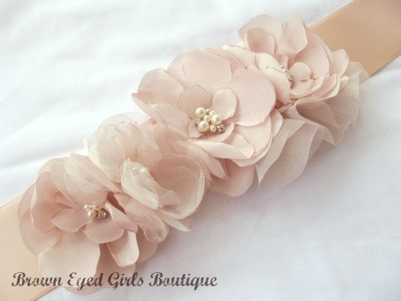 Hochzeit - Amsale Inspired Blush Wedding Sash, Bridal Sash, Wedding Belt, Bridal Belt -Blush Flowers