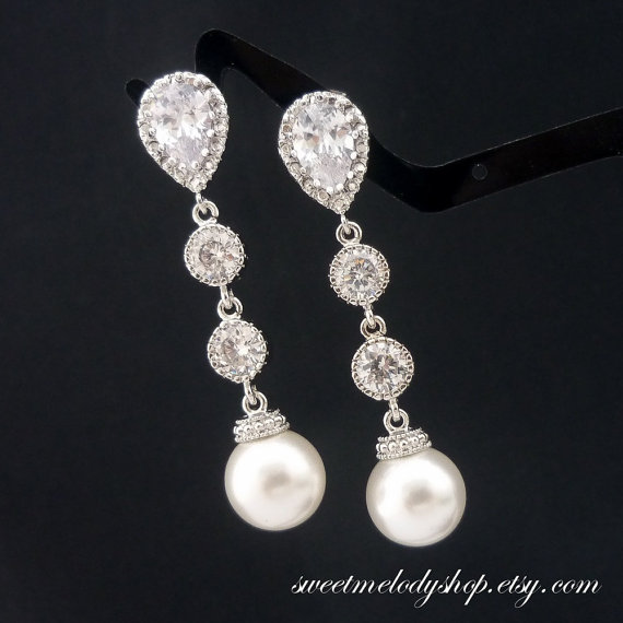 زفاف - Wedding Jewelry Bridesmaid Gift Bridal Earrings Bridesmaid Jewelry White OR Cream Swarovski Round Pearl Drop Earrings Cubic Zirconia