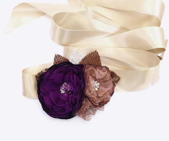 زفاف - Eggplant Purple Latte Rustic Wedding Sash - Bridal Belt for Fall Wedding - Satin Chiffon Burlap Lace Swarovski Crystal - Bridesmaids Gift