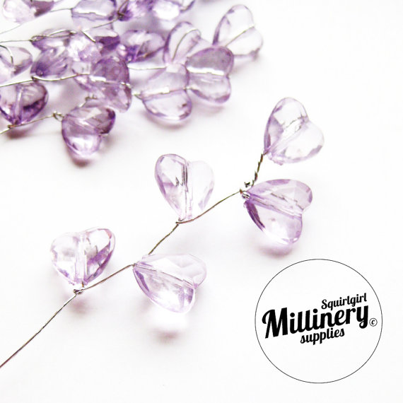Свадьба - 6 Lilac Purple Heart Acrylic Bead Picks on Silver Wire for Millinery and Wedding Flower Bouquets