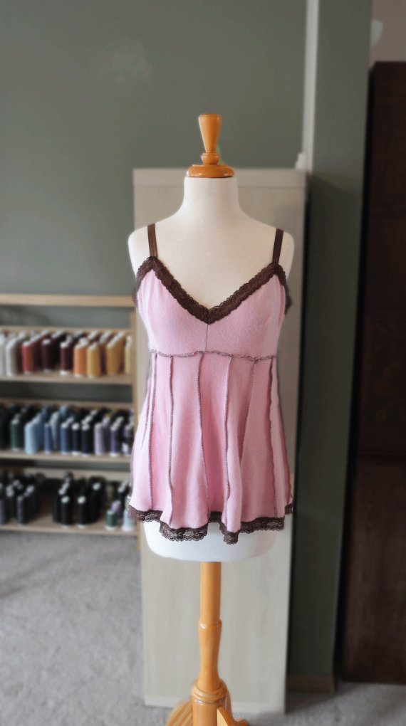 Mariage - Cashmere Luxury Lingerie Pale Pink Women's Babydoll Teddy Sleepwear Lounge Soft Sexy Cozy Camisole Brown Lace Upcycled Size LargeBridal