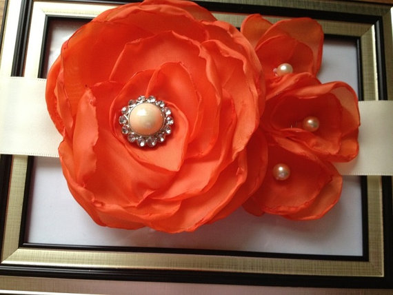 Wedding - Orange Wedding Sash- Bridal Sash Belt - Orange Blossoms with cluster centers..bridal party, wedding, prom, ball..