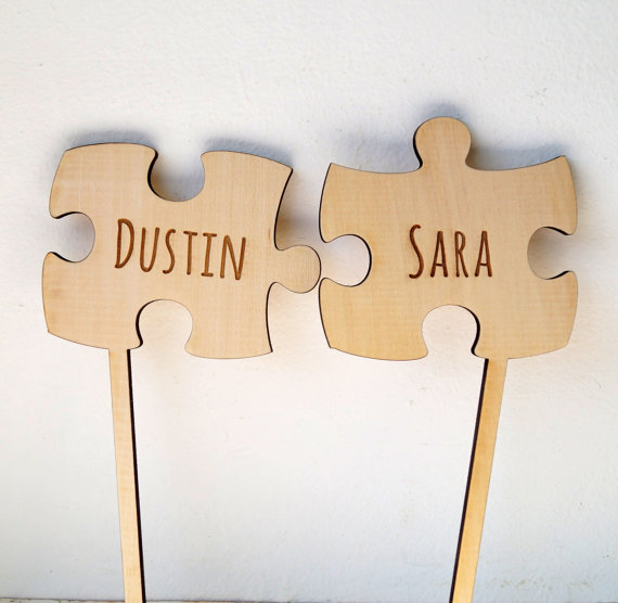 Hochzeit - Puzzle Cake Topper, Two Puzzle Pieces Wedding Cake Toppers, Rustic Wooden Cake Topper, Personalized Cake Topper