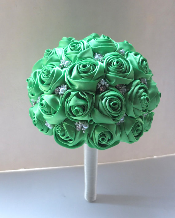 زفاف - Handmade Satin Rose Bouquet- All Green Satin Rose accented with rhinestone (Large, 9 inch)