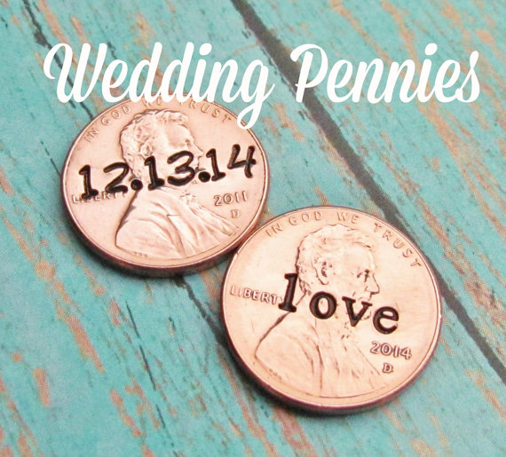Mariage - Lucky Penny For Her Shoe Wedding Day Pennies Charm for Bride Groom No Hole Any Year 1950 to 2015 Set of 2