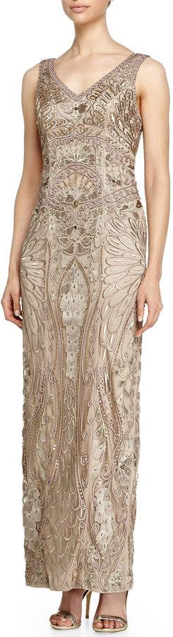 Wedding - Sue Wong Sleeveless V-Neck Embroidered Column Gown, Taupe