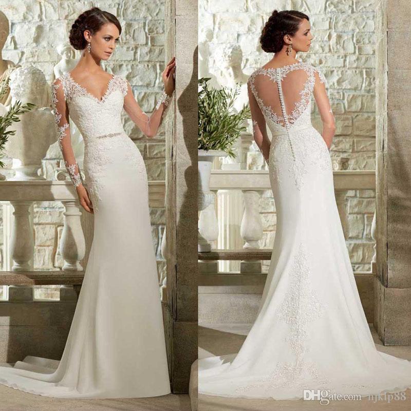 Hochzeit - New Fashionable 2015 Custom Made Elegant Modest Chiffon Lace Bridal Gown Long Sleeve Mermaid Wedding Dress, $141.37 
