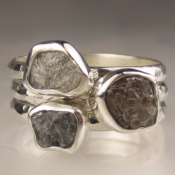 زفاف - Rough Diamond Ring Stacking Set, Made to Order , Sterling Silver, Engagement