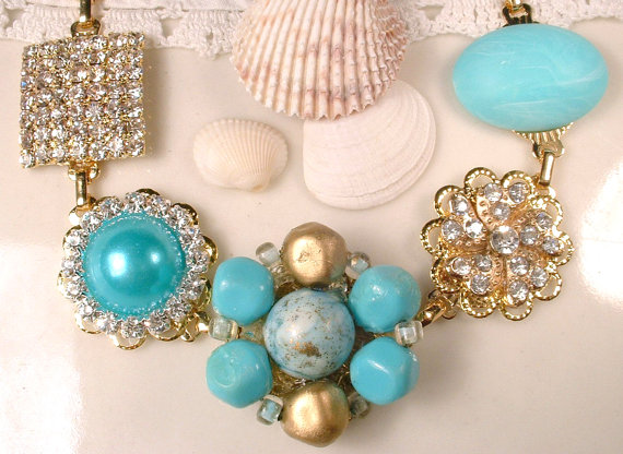 Hochzeit - OOAK Turquoise Blue Rhinestone Gold Bridal Bracelet Vintage Tiffany Aqua Cluster Earring Bridesmaids Jewelry Beach Wedding Gift Charm Button
