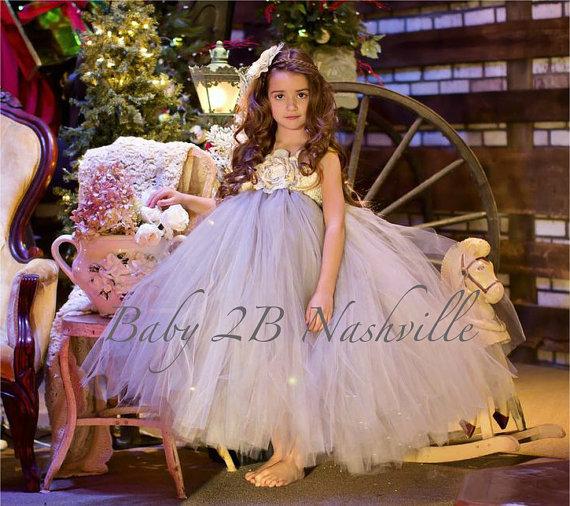 زفاف - Silver Grey Flower Girl Dress with Yellow Handmade Cabbage Roses  Wedding Flower Girl Dress Baby to Girls size 10