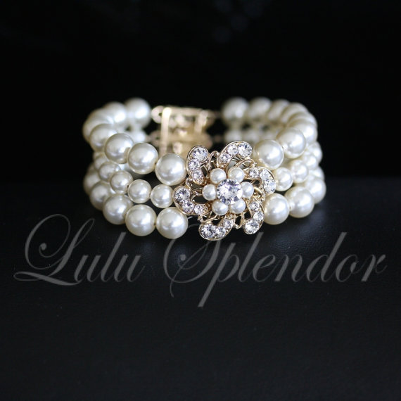 Свадьба - Pearl Bridal Bracelet Gold Wedding jewelry Pearl Bracelet Vintage Flower Bracelet Swarovski Crystal Pearl Triple Strand SABINE CLASSIC