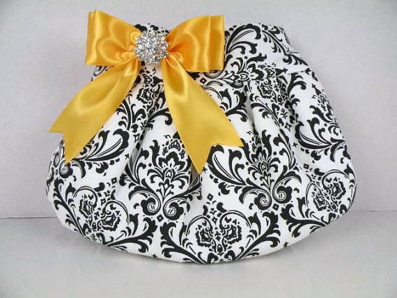 زفاف - Pleated Clutch/Evening Bag/Purse/Wedding --Madison-Black and White with Sunflower Yellow Satin Bow and Clear Crystal