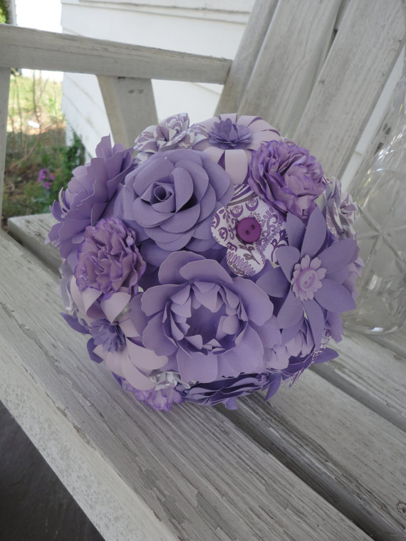 زفاف - Paper flower wedding bridal bouquet, purple, mixed flowers, rose, peony, daisy, carnation