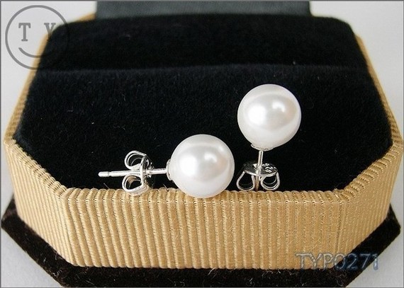 زفاف - Swarovski Pearl Earrings 8mm White South Sea Shell Pearl Earings With Sterling Silver Studs Wedding Jewelry for Bride and Bridesmaids