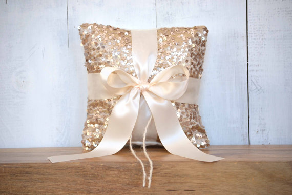 زفاف - Wedding Ring Bearer Pillow - Champagne Sequin and Ivory Satin Bow