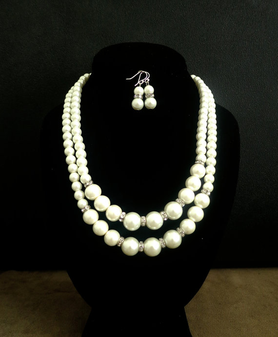 Mariage - Wedding Pearl Jewelry Set, Pearl Set, Bridal Pearl Necklace Earrings Rhinestone, Vintage Style Wedding Jewelry