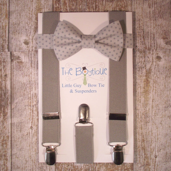 Wedding - Grey Bow Tie and Grey Suspenders, Toddler Suspenders, Baby Suspenders, Ring Bearer, Grey Polka Dot, Light grey, Pewter