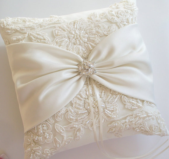 زفاف - Wedding Ring Pillow with Beaded Alencon Lace, Ivory Satin Sash Cinched by Crystals - The MORGAN Pillow