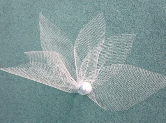 Hochzeit - Bridal Flower Hair Pin - Diamond White Tulle and Pearl Bobby Pin - Wedding Hair Accessory