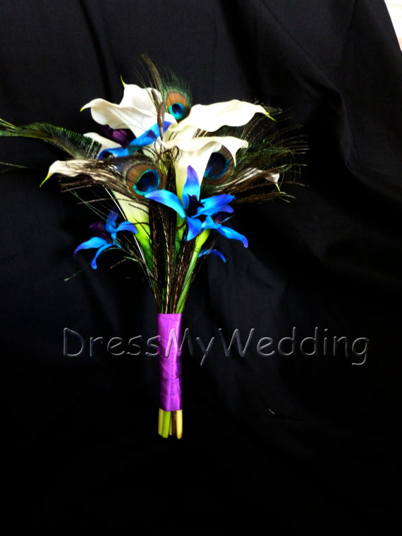 Hochzeit - Calla lily galaxy orchid bouquet with peacock feathers, real touch calla lilies, artificial bouquet