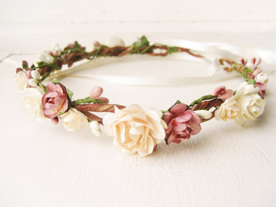 زفاف - Flower crown, Rustic wedding hair accessories, Bridal headpiece, Floral headband, Wreath, Pink, Ivory - MACAROON