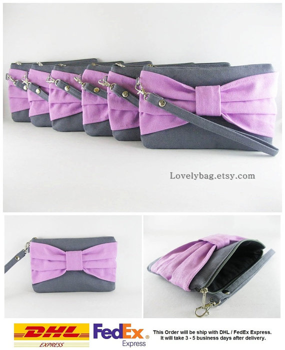 Wedding - SUPER SALE - Set of 5 Gray with Lavender Purple Bow Clutches - Bridal Clutches, Bridesmaid Clutches, Wedding Gift - Made To Order