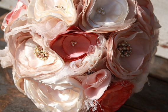 Hochzeit - Fabric brooch bouquet,Fabric flower wedding bouquet, Peach and cream flowers with rhinestones and pearls, 6"