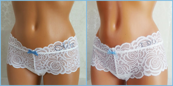 Hochzeit - Bridal panties: White Rose Lace Cheeky w/ Something Blue - Personalized Bridal Panties